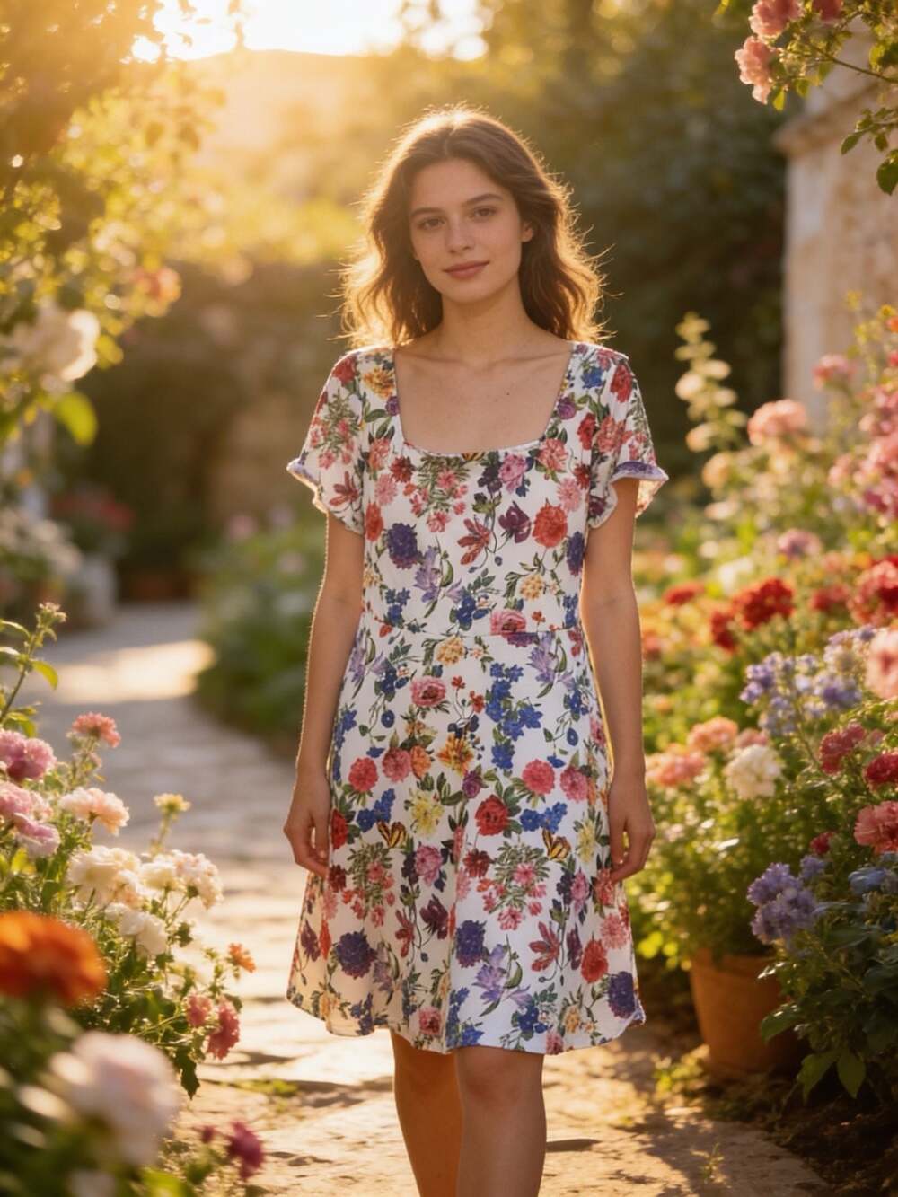 Shein Curve Plus Size Multi-Color Floral Print Square Neck Flutter Sleeve A-Line